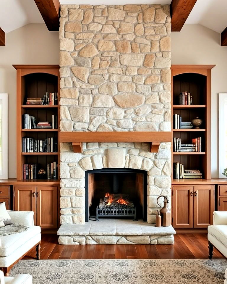 stone fireplace with built in shelves