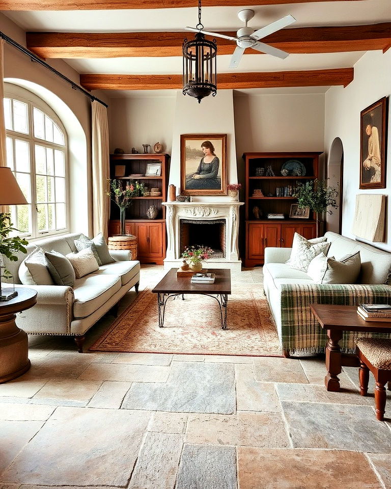 stone floor in french country living room