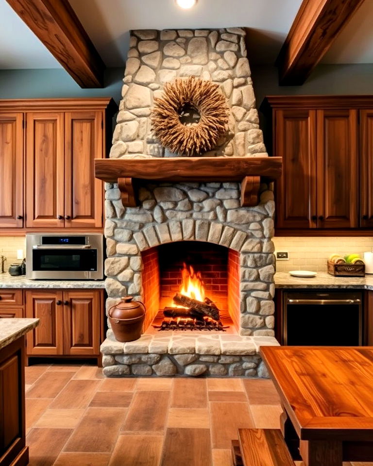 stone hearth fireplace in a rustic farmhouse kitchen