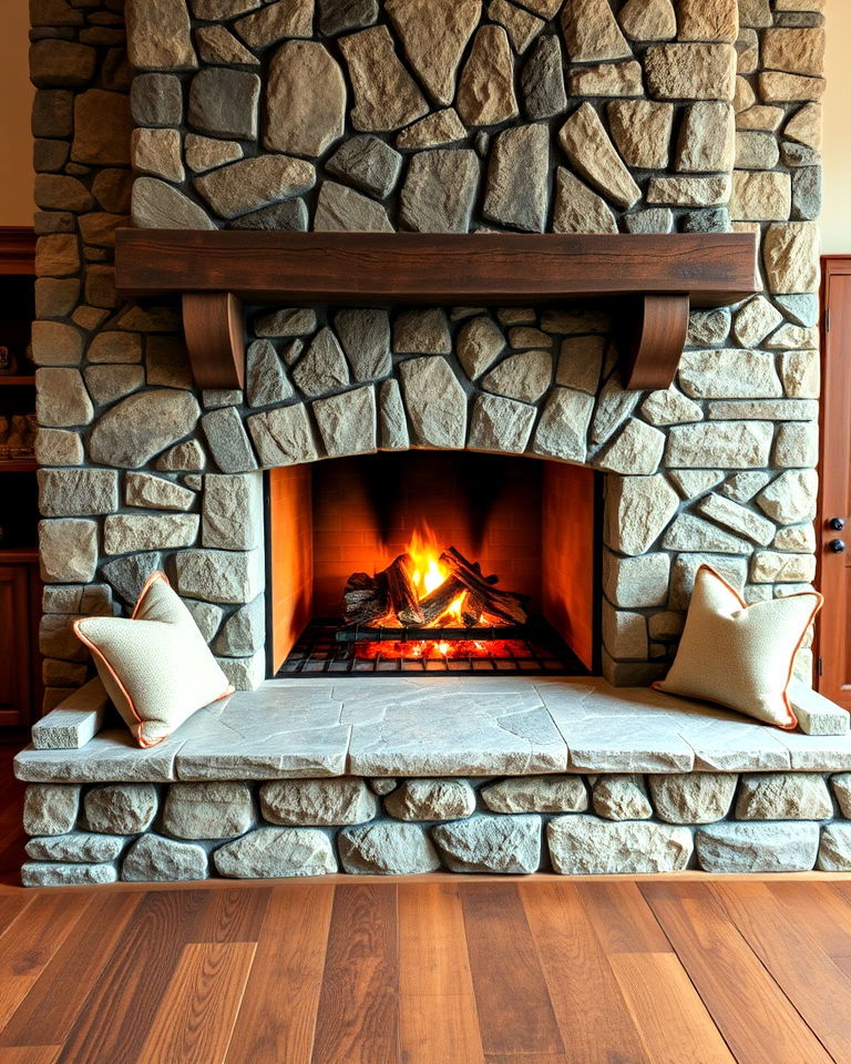 stone hearth with built in stone bench