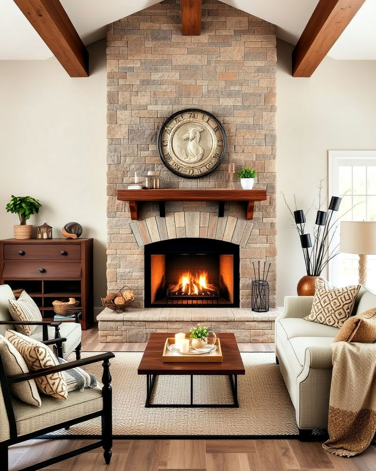 stone look porcelain tile fireplace