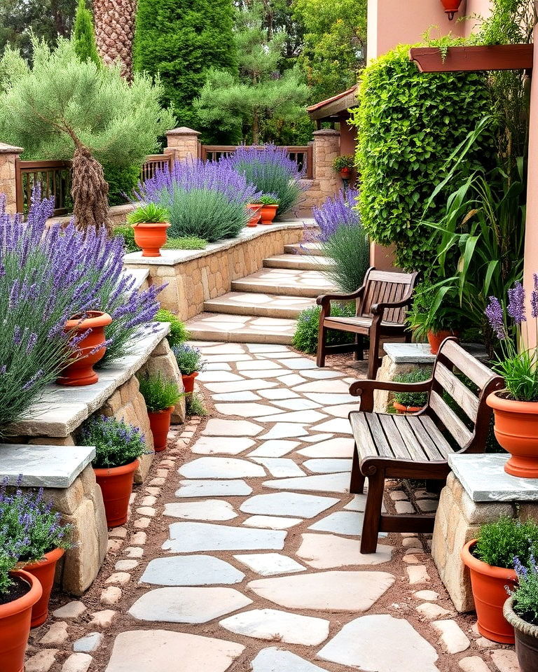 stone pathways with terracotta accents