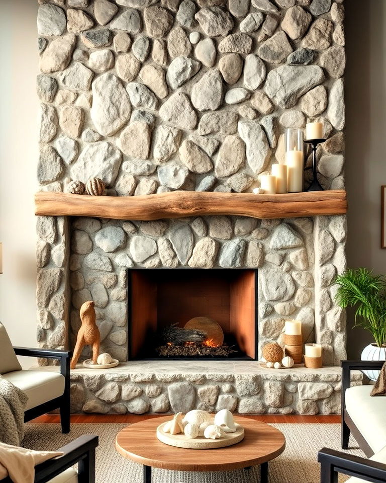 stone surround with driftwood mantel