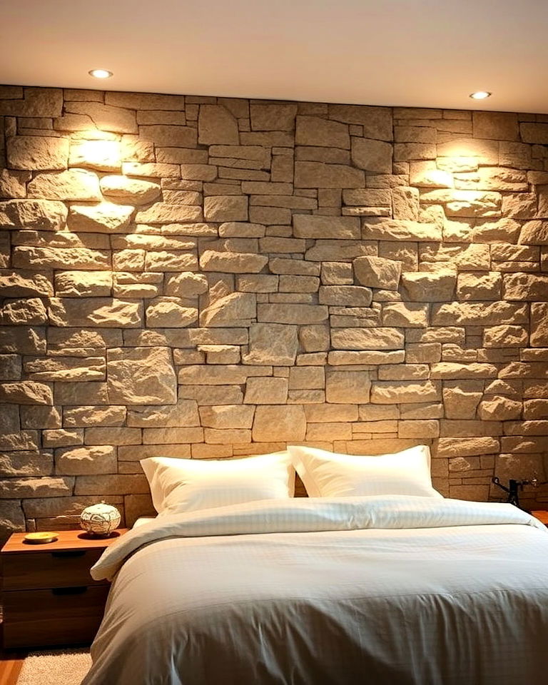 stone wall with recessed lighting for a rustic bedroom