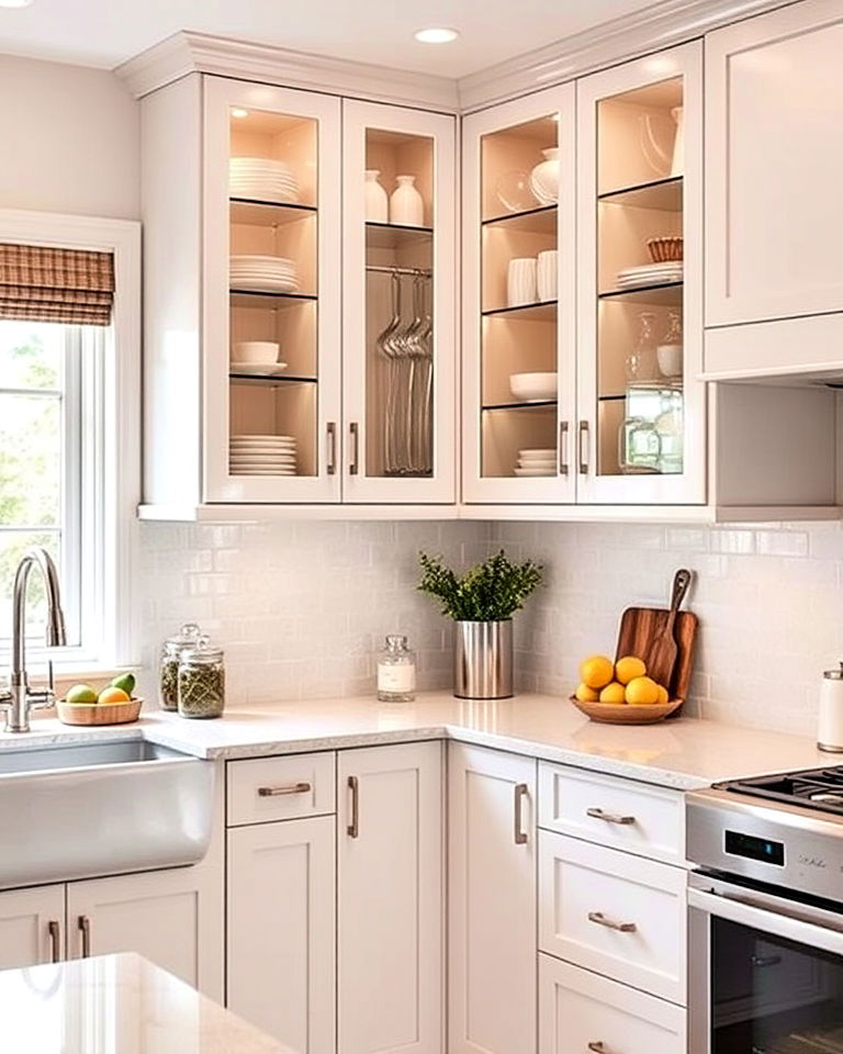 storage space with corner glass cabinets