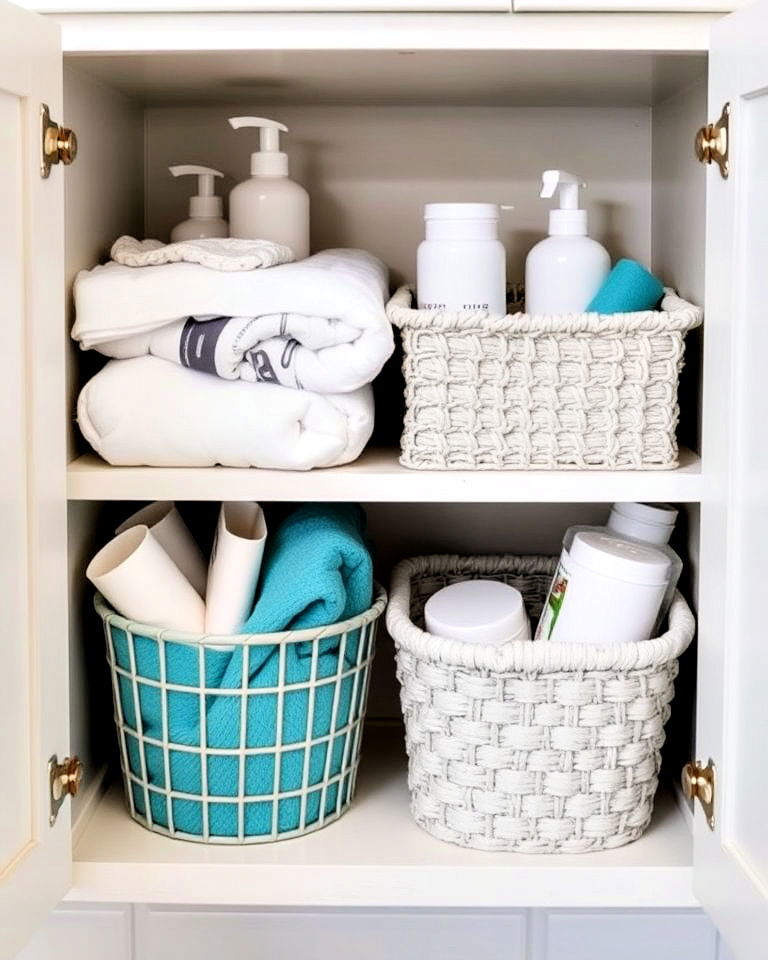 store bathroom items in baskets