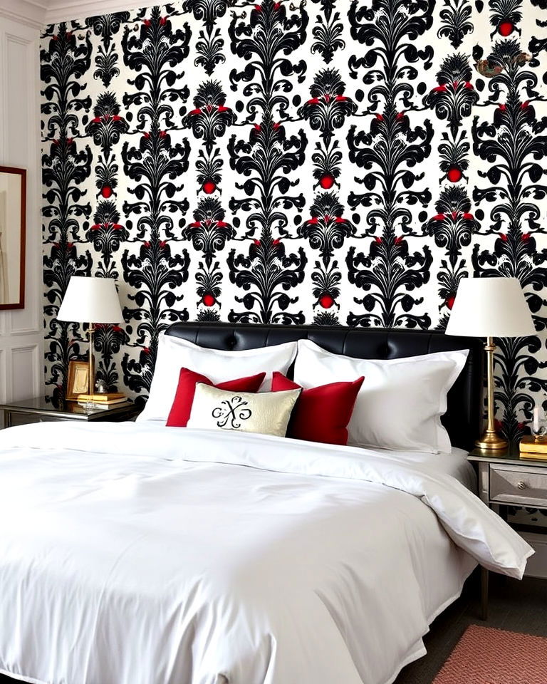 striking black and red wallpaper with white bedding