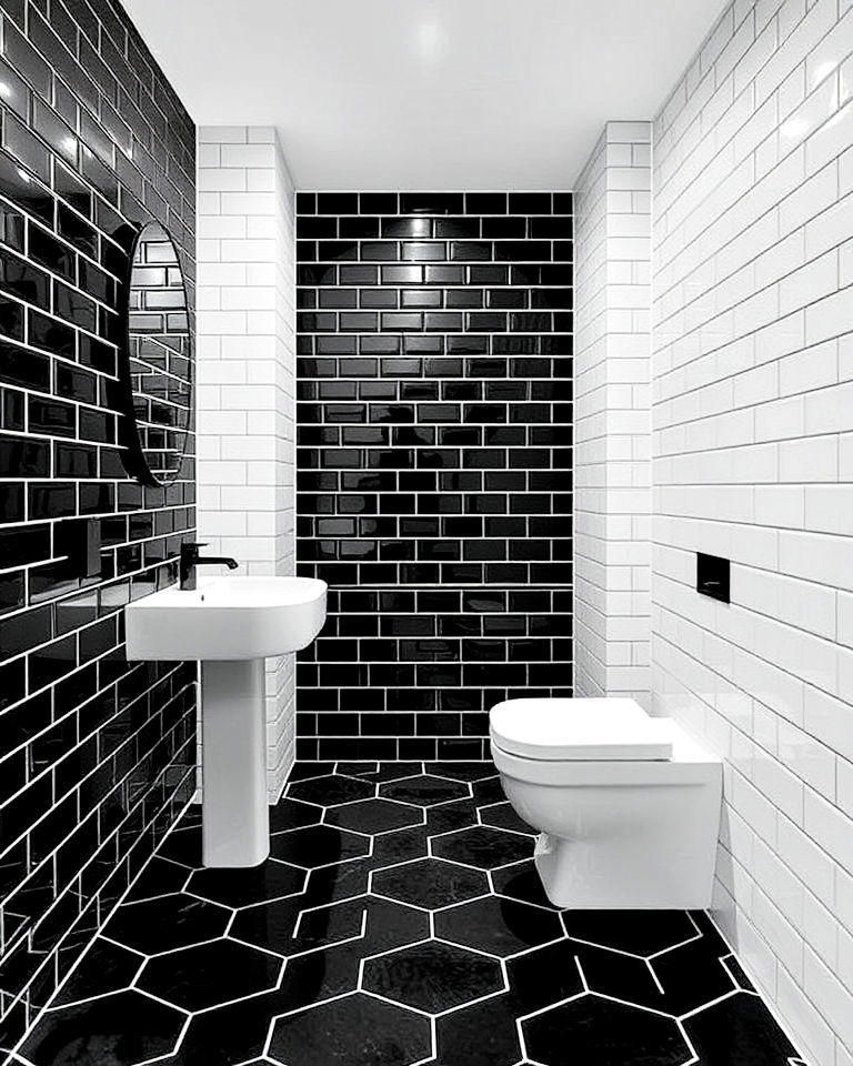 striking black bathroom tiles with white grout