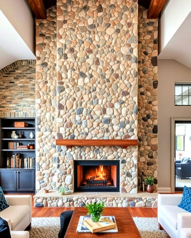 striking floor to ceiling mosaic stone fireplace