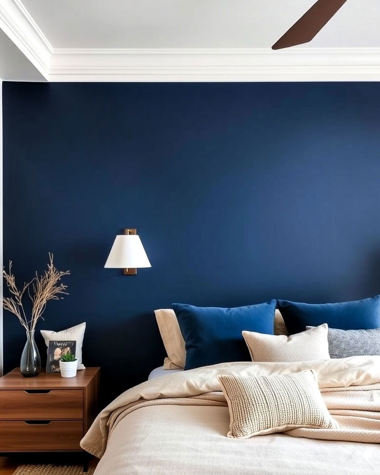 striking navy blue accent wall with beige bedding