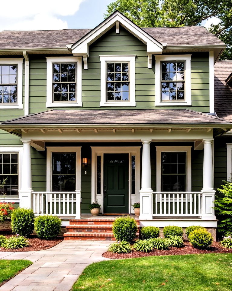 striking olive green exterior with white trim