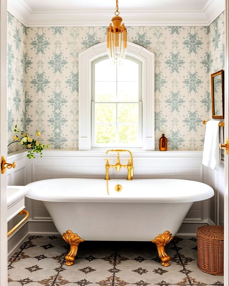 striking pedestal bathtub with gold fixtures