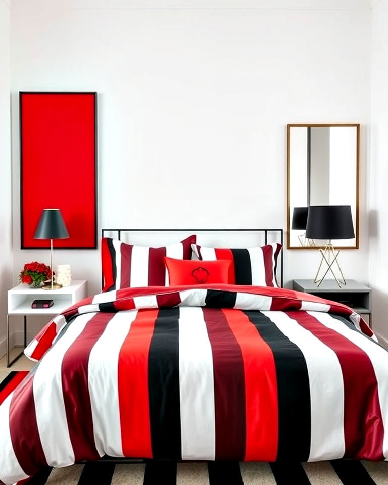 striking red and black striped bedding with white walls