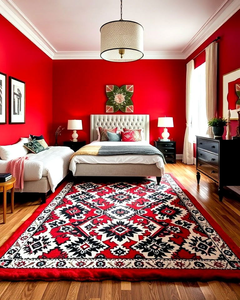 striking red bedroom rug with black and white patterns