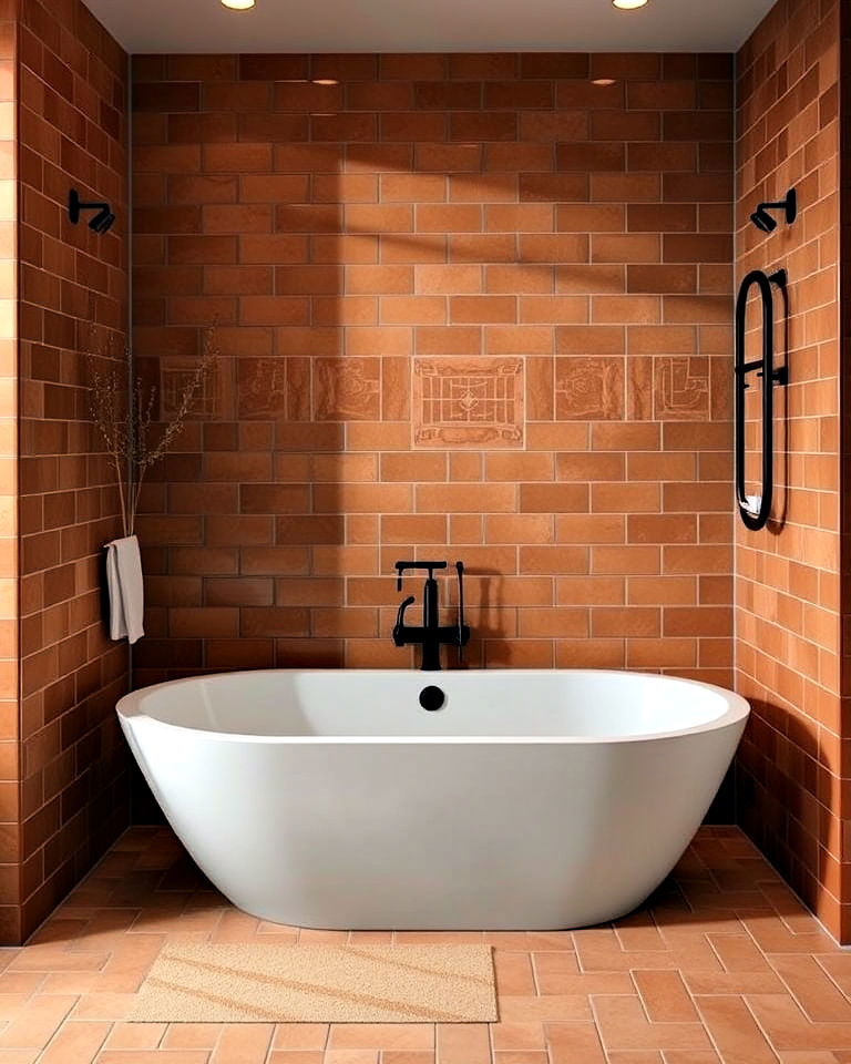 striking terracotta tiled bathtub surround