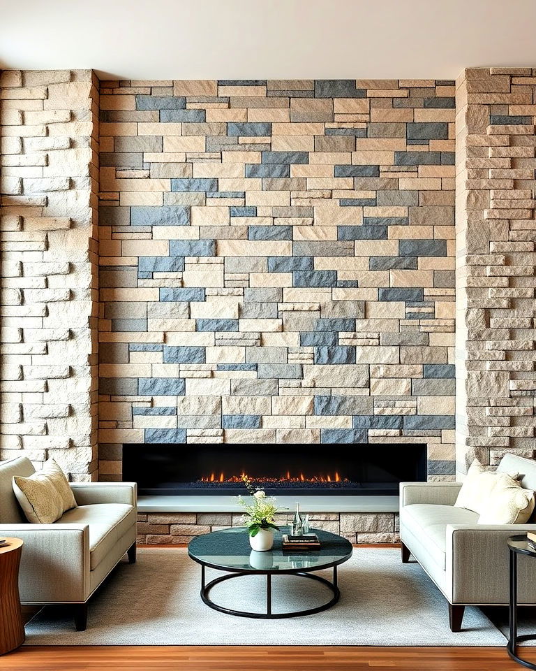striking two toned stone wall in a living room