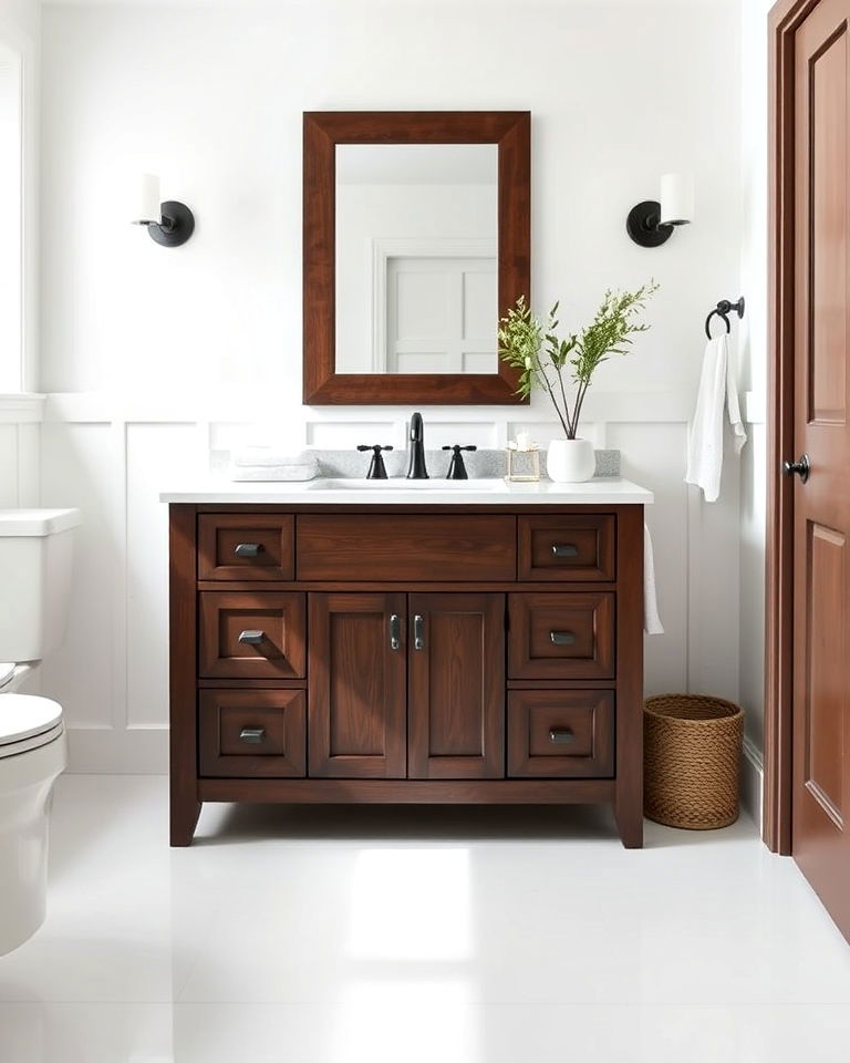 stunning dark brown wooden vanity as a focal point