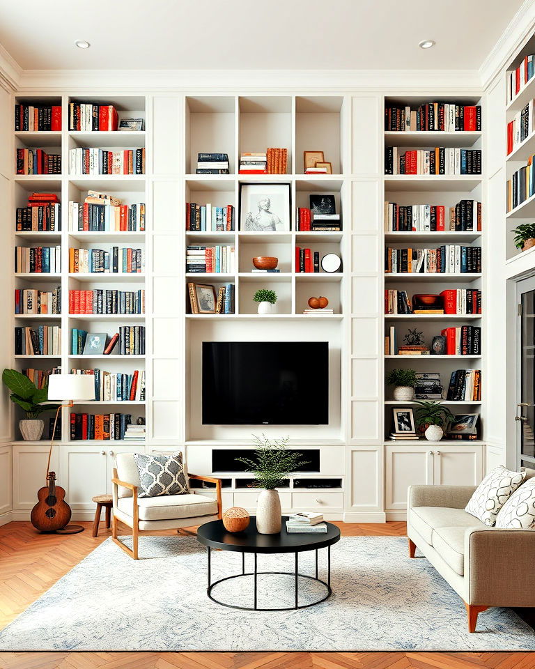 stunning floor to ceiling built in bookshelves