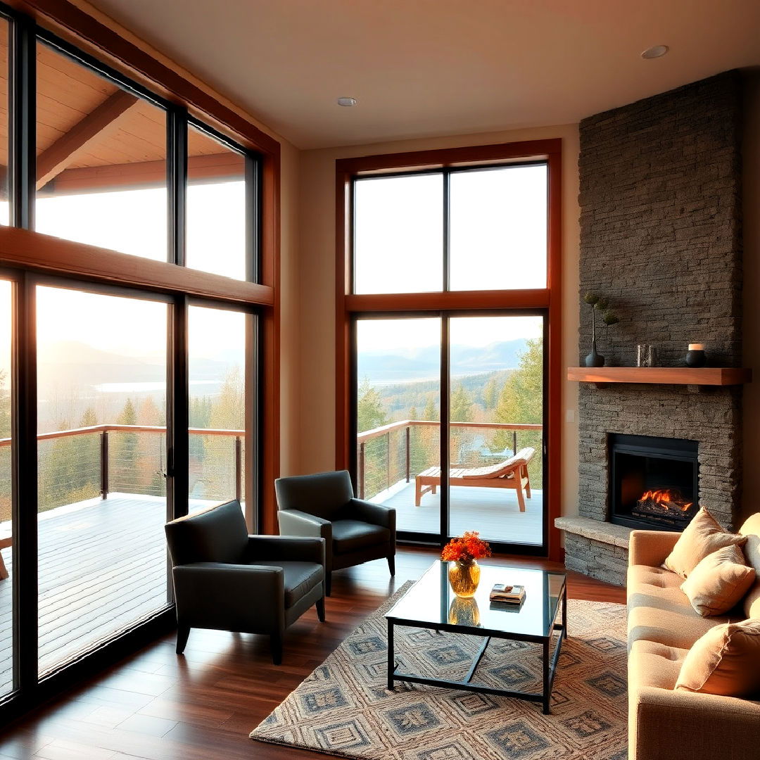 stunning gas fireplace with floor to ceiling windows