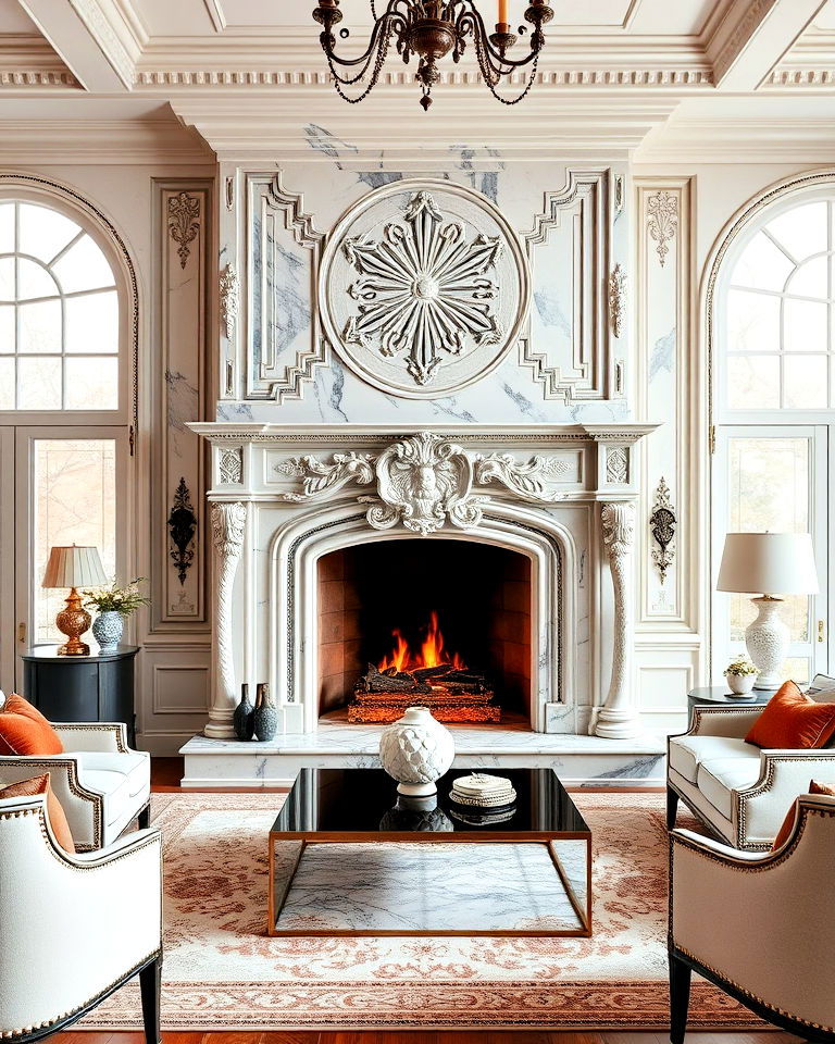 stunning marble fireplace with ornate carvings