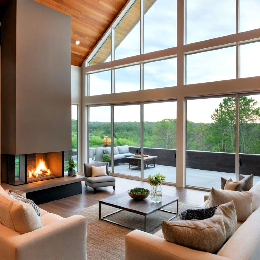 stunning off center fireplace with large windows