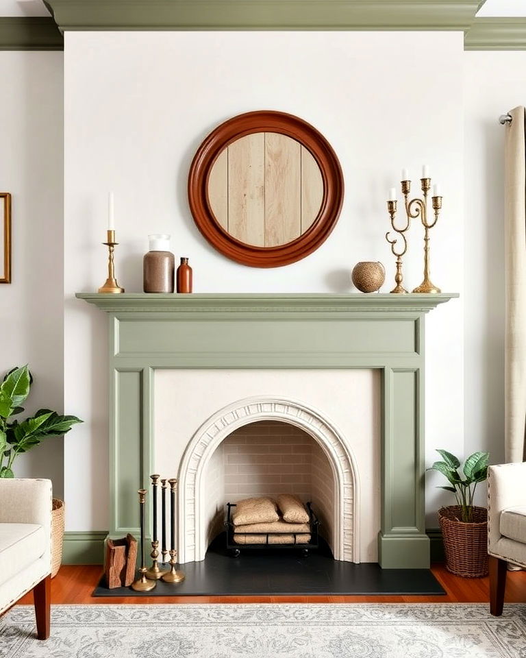 stunning sage green fireplace mantel