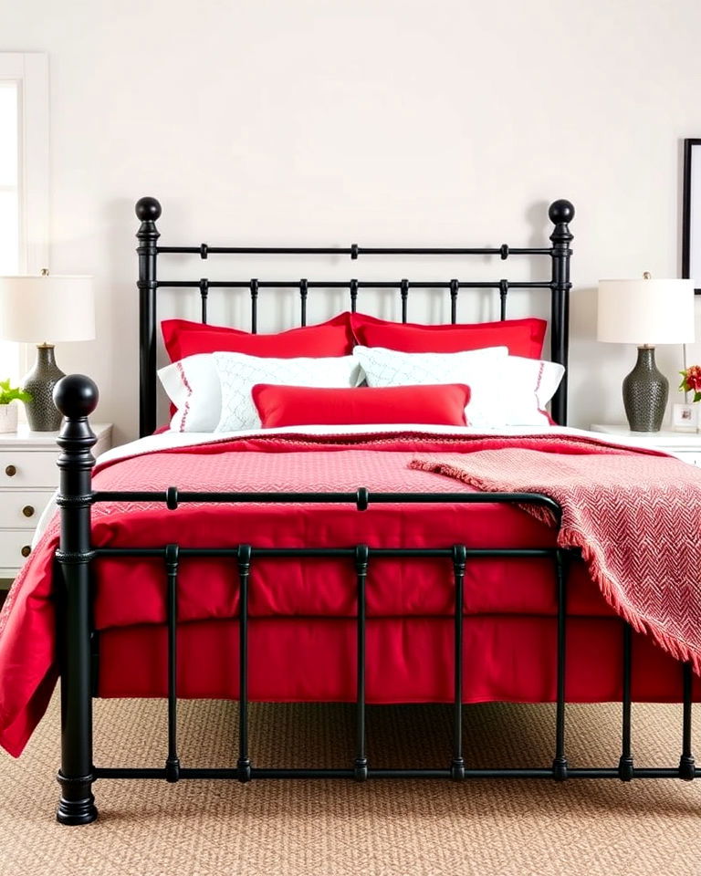 sturdy black metal bed frame with red and white bedding