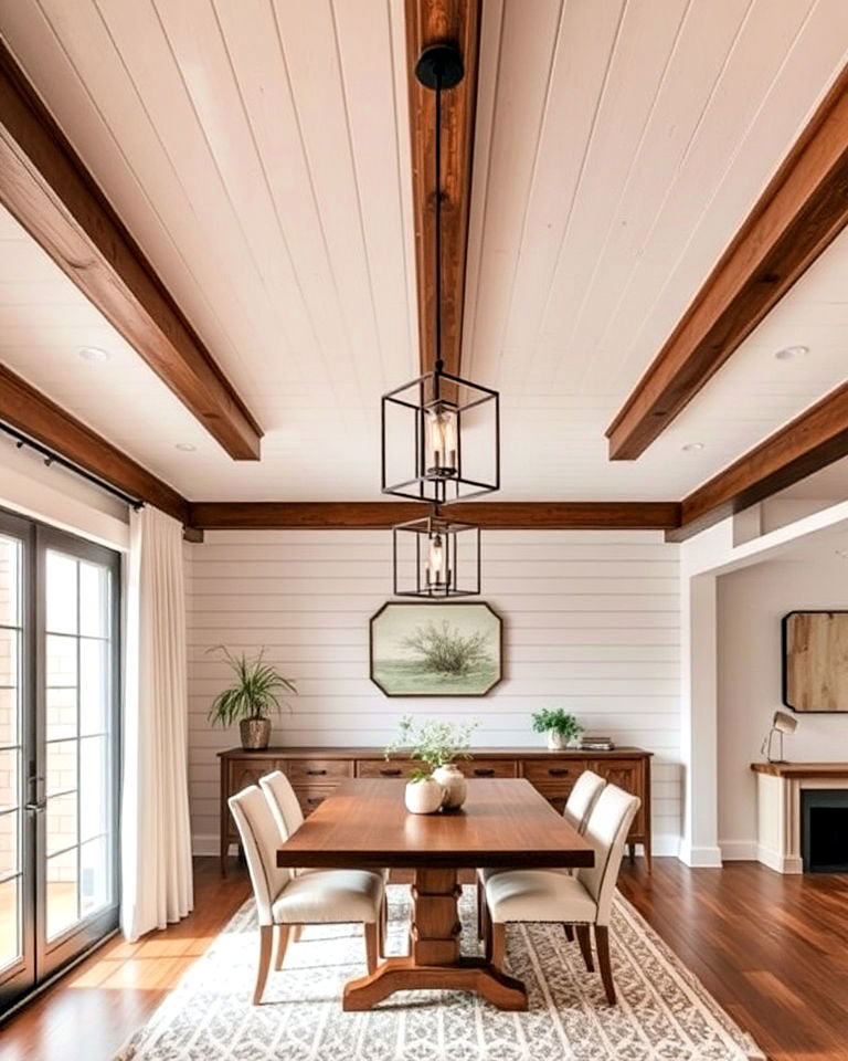 stylish and beautiful shiplap dining room ceiling