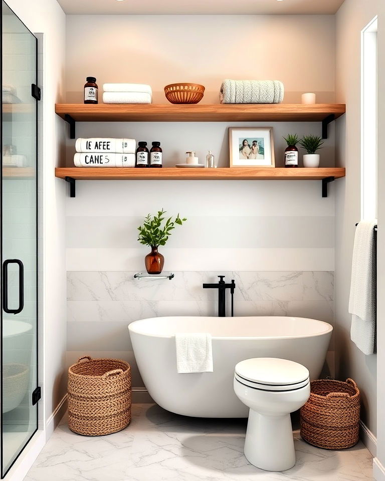 stylish and functional open shelving bathroom