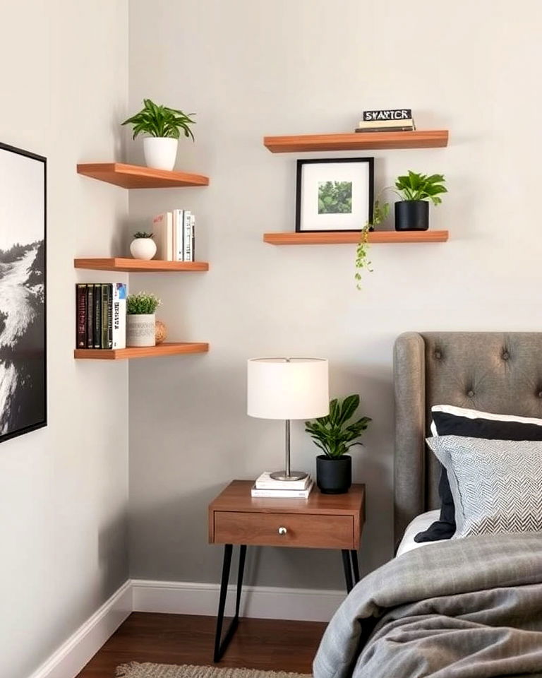 stylish bedroom corner shelves