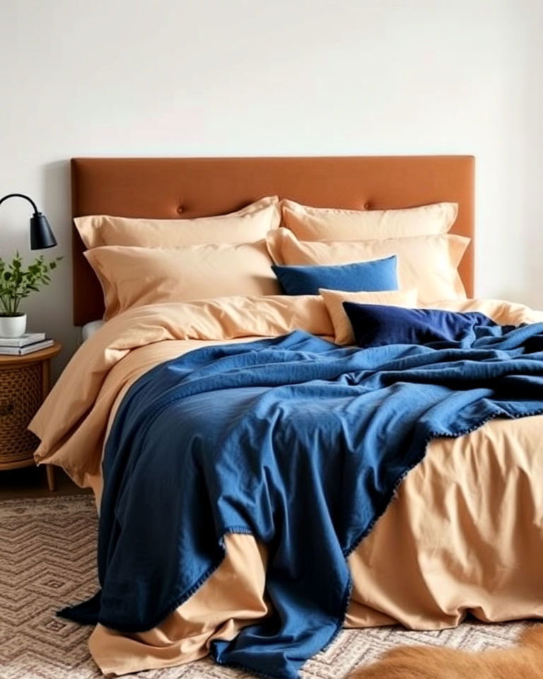 stylish beige and blue bedding for a layered look