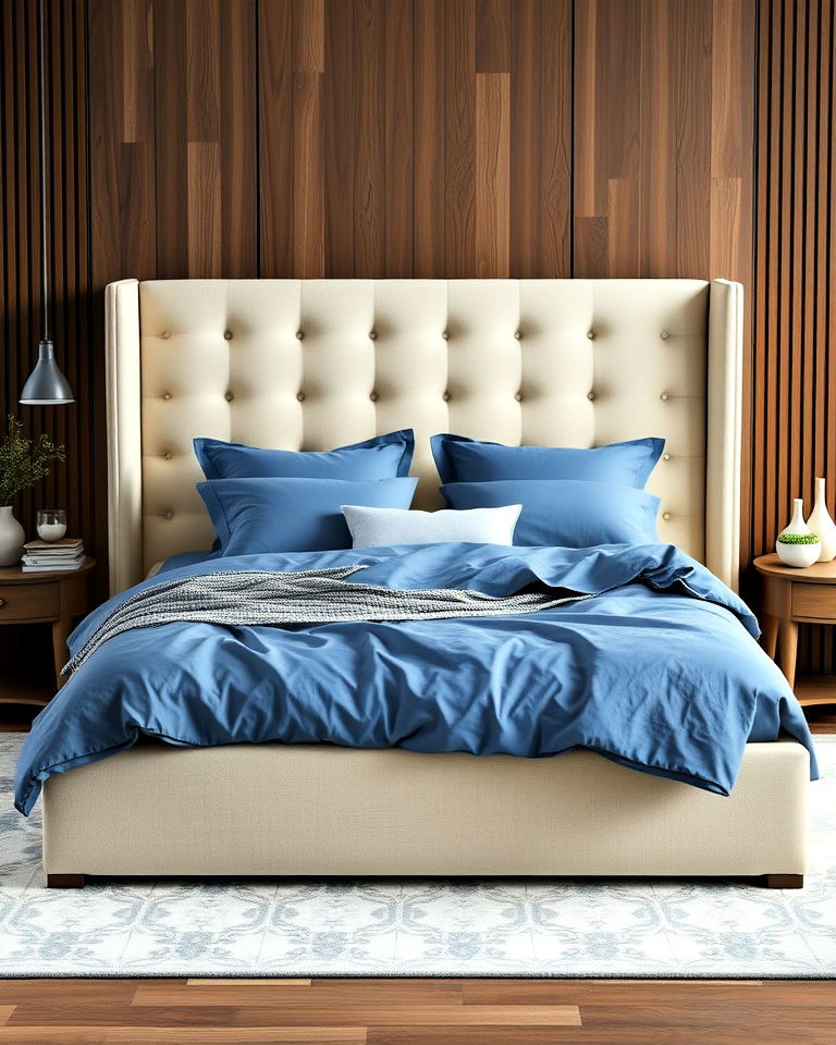 stylish beige upholstered bed frame with blue linens