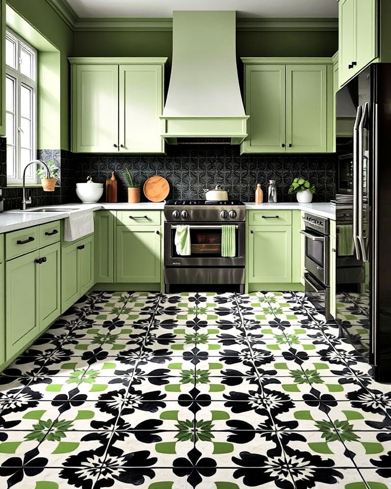 stylish black and green patterned floor tiles for kitchen