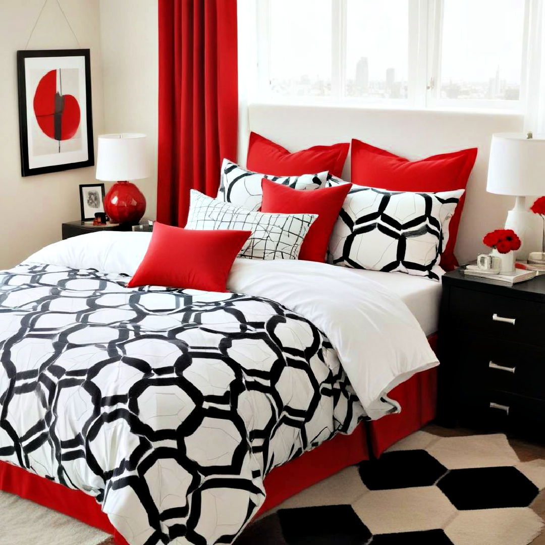 stylish black and white geometric bedding with red accents