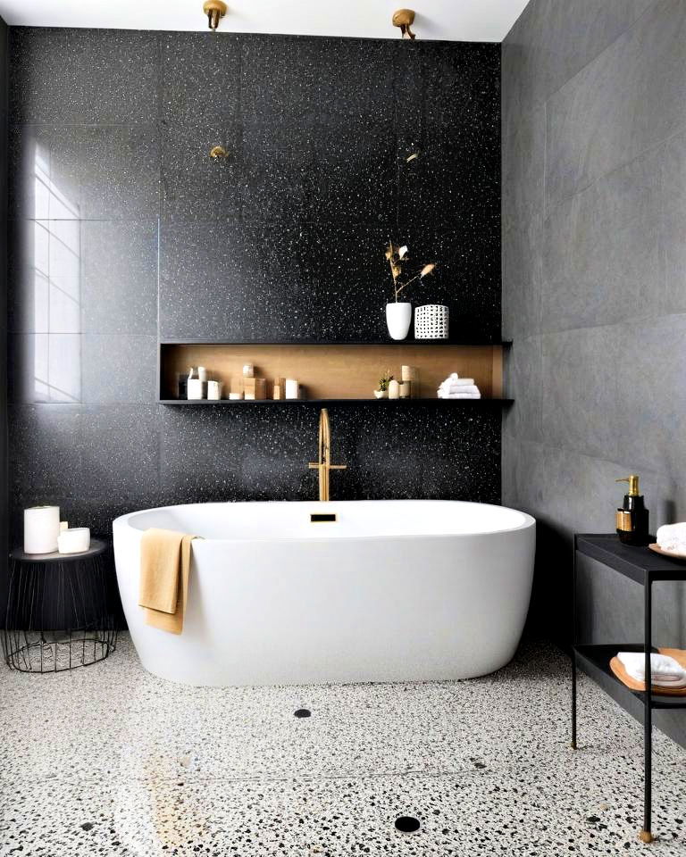 stylish black terrazzo tile bathroom floor