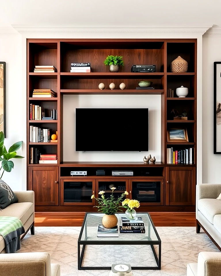 stylish built in bookshelves around the tv