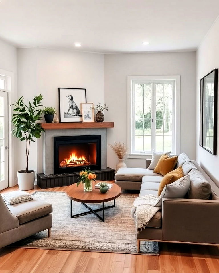 stylish compact sectional with corner fireplace