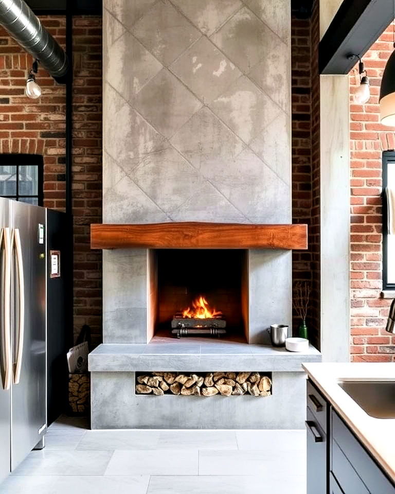 stylish concrete fireplace in a loft style kitchen