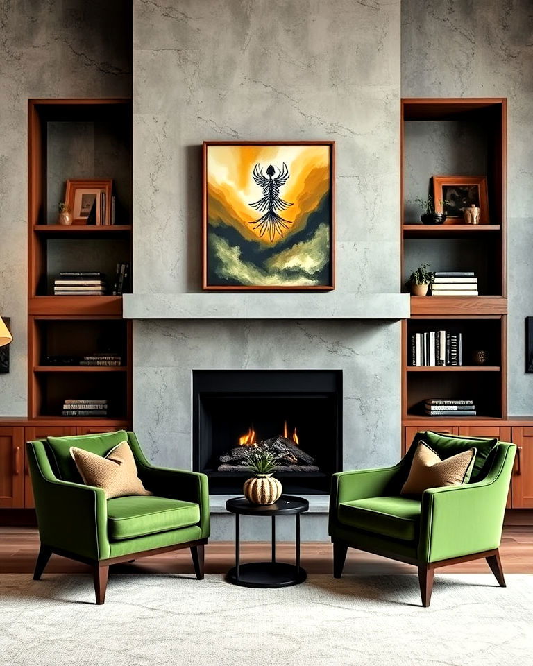 stylish concrete fireplace with built in shelving