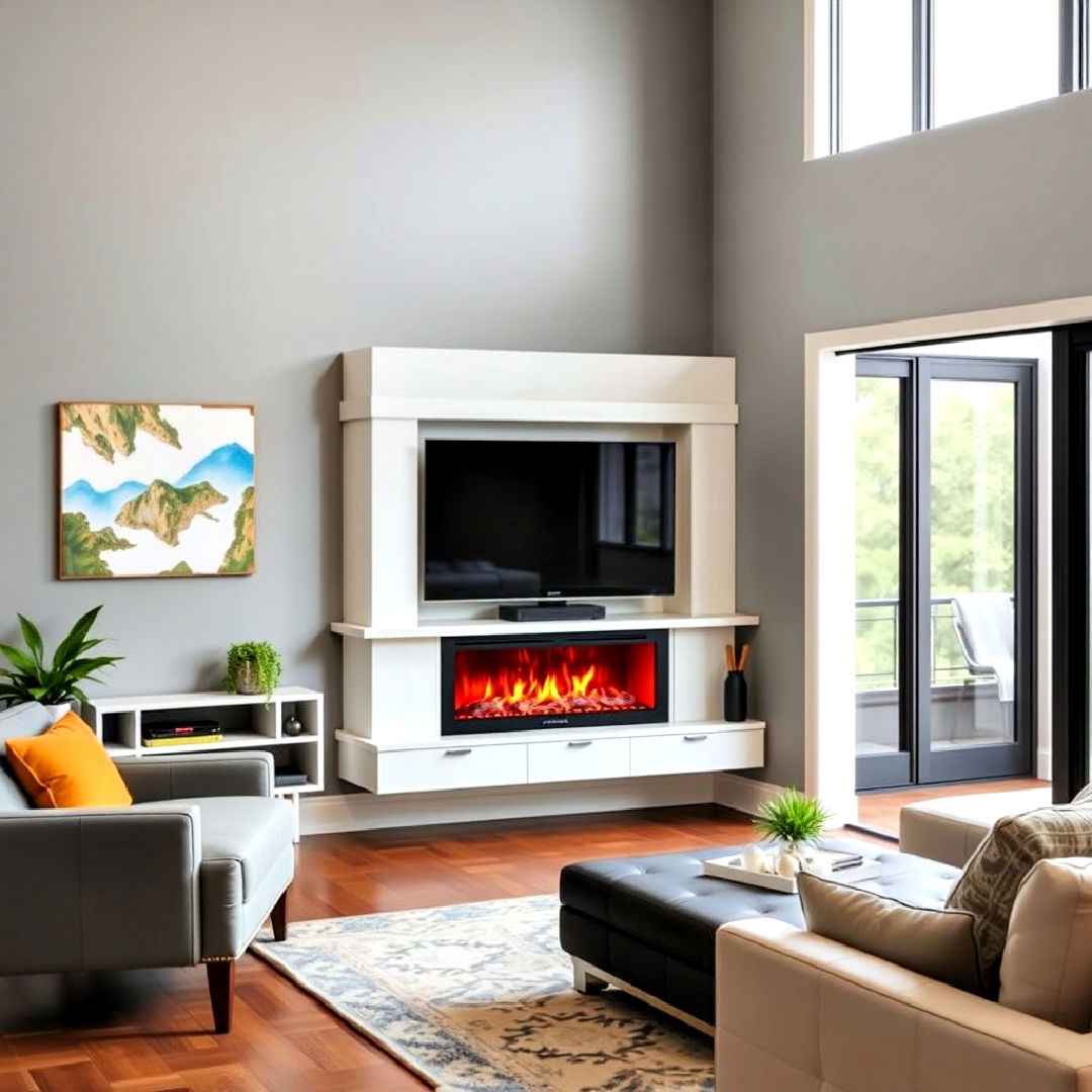 stylish corner fireplace with built in media center