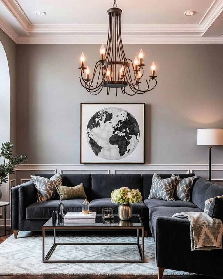 stylish dark grey and statement lighting