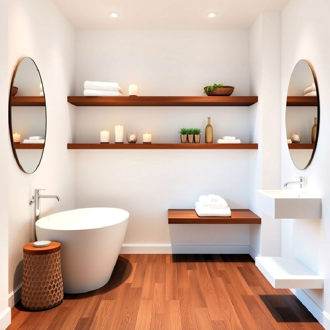 stylish dark wood floor with floating shelves