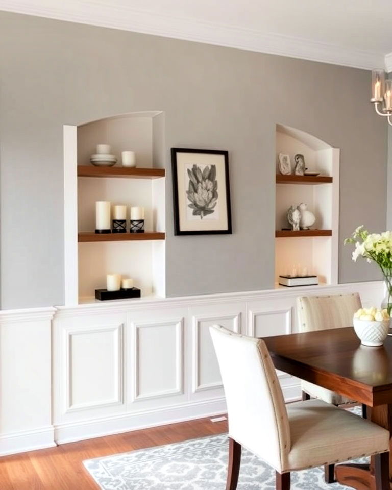 stylish dining room wainscoting with built in shelves