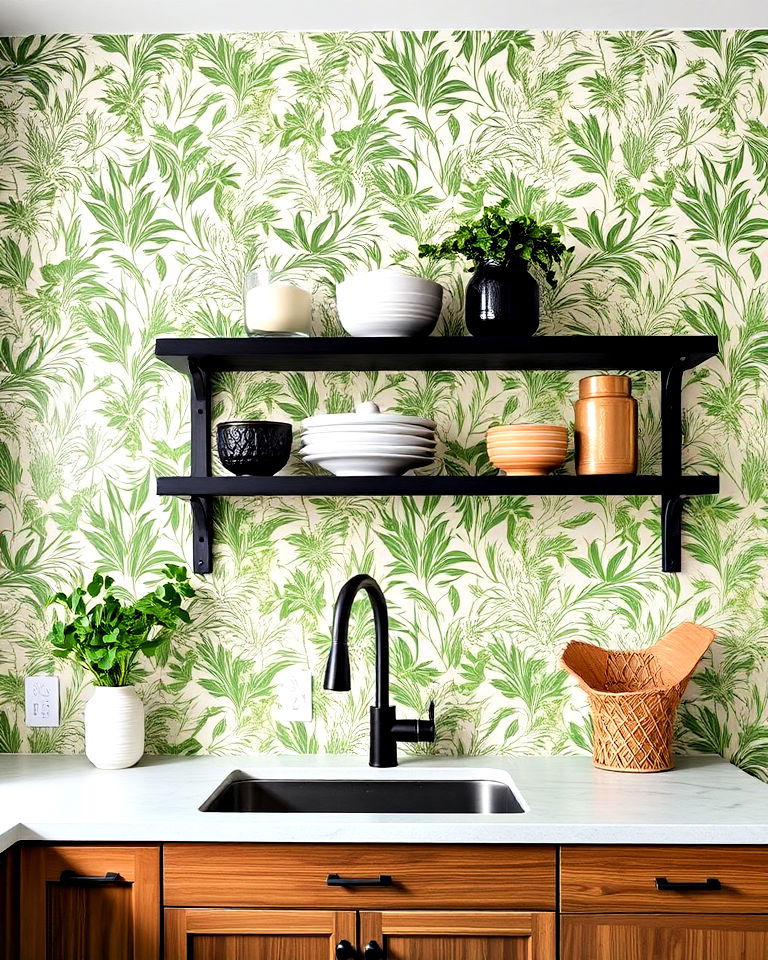 stylish green wallpaper with black shelving for kitchen