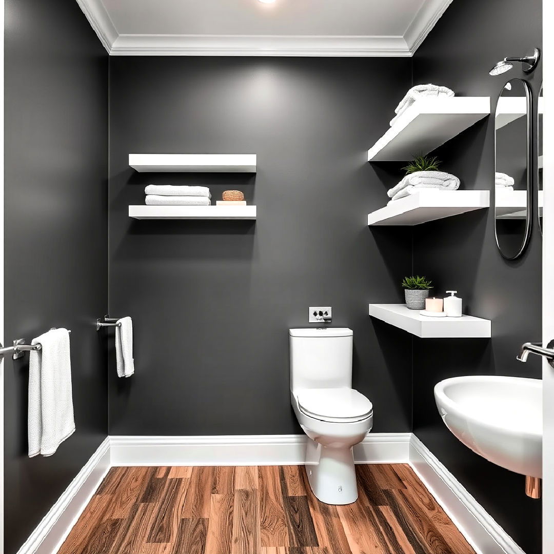 stylish grey walls with white floating shelves