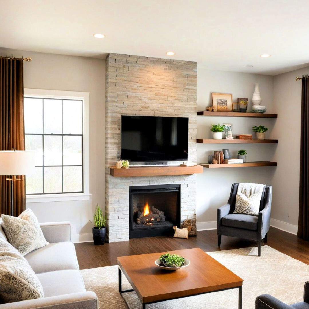 stylish off center fireplace with floating shelves