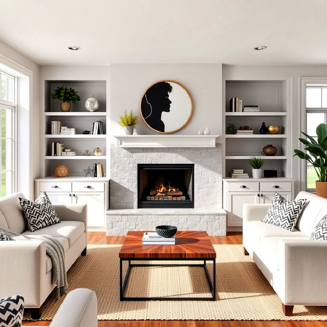 stylish off center fireplace with open shelving