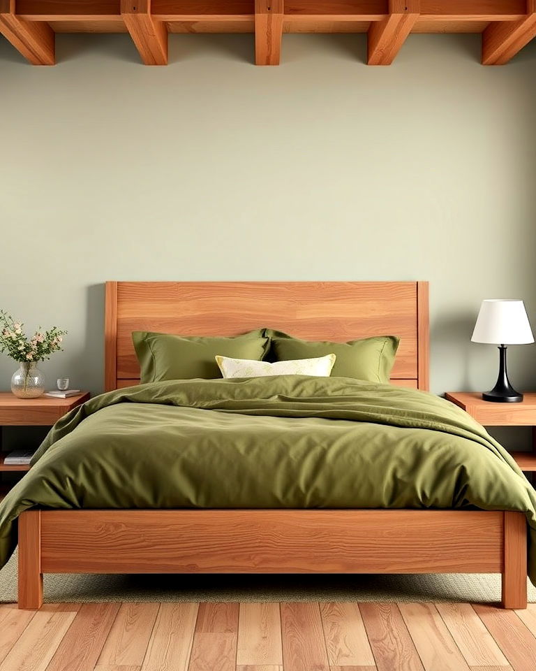 stylish olive green bedding and wooden headboard