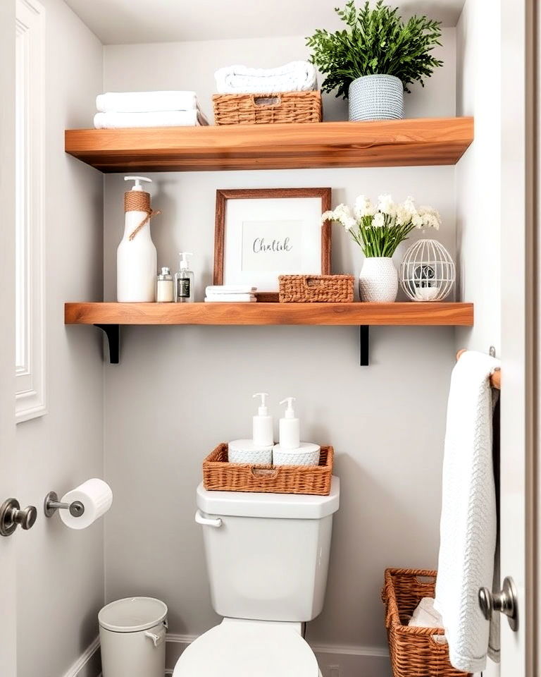 stylish open shelving for bathroom storage