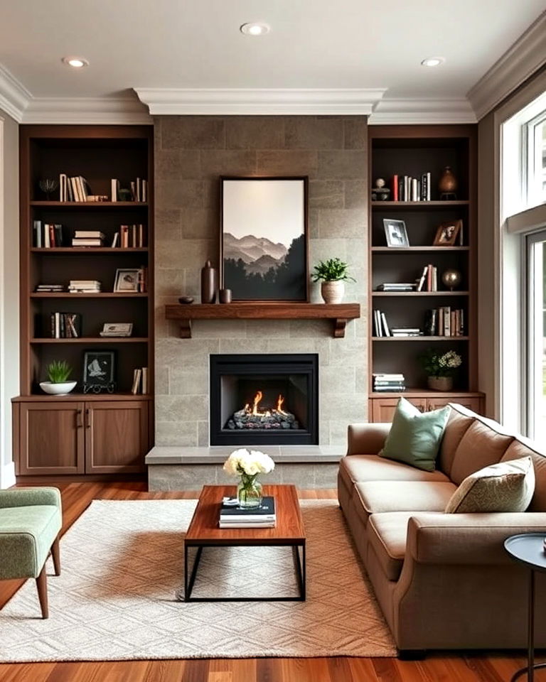stylish sectional with built in fireplace shelving